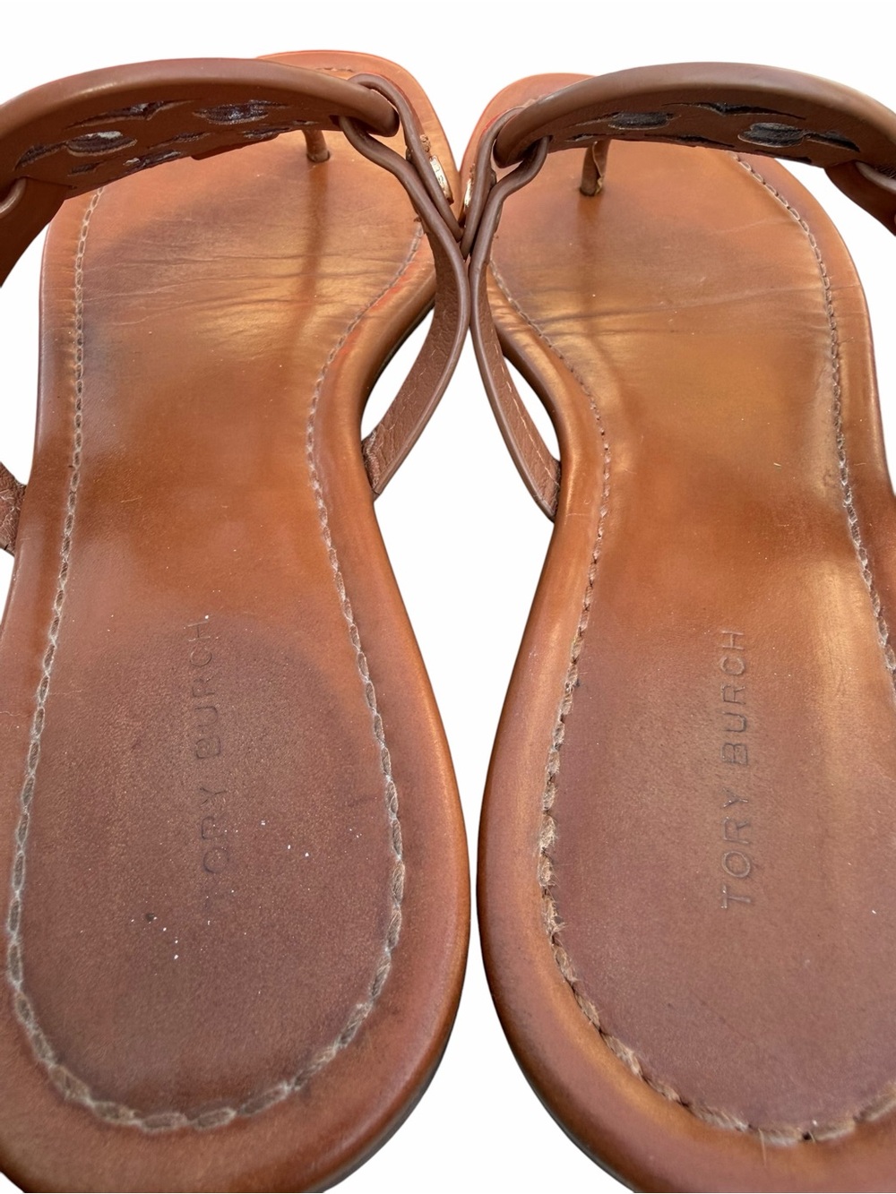 Tory Burch Miller Sandals Brown Leather Logo Thong Flats Size 8 - Picture 7 of 8